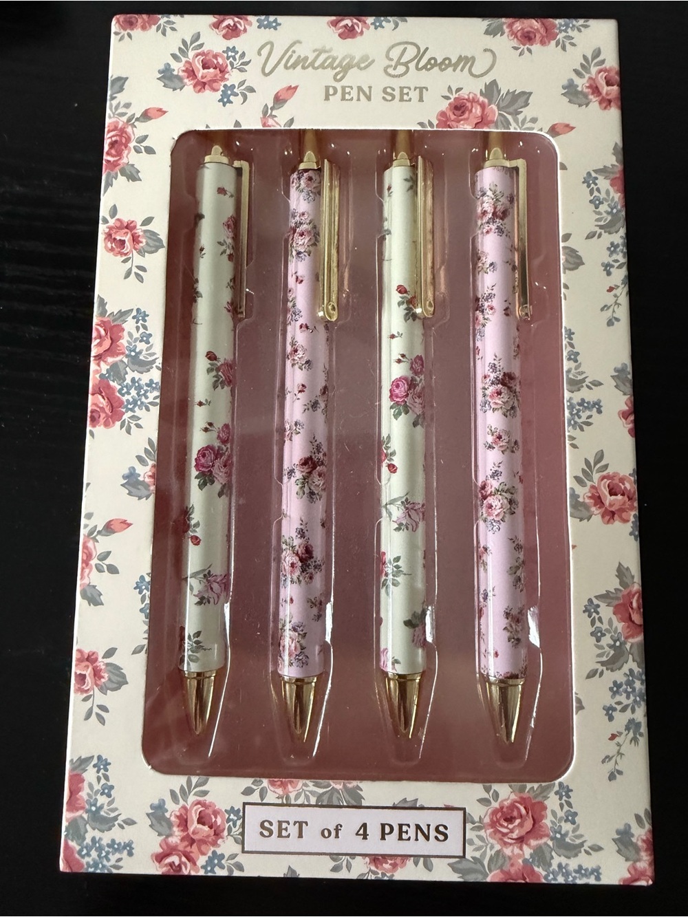 Vintage Floral Pen Set - Pink & Cream - 4 Pack
